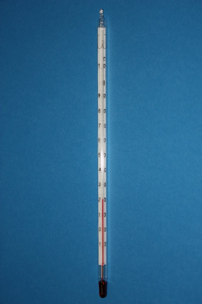 Chemische Laborthermometer, Einteilung: -10  + 50:1 °C, mit roter  Anzeigenfüllung